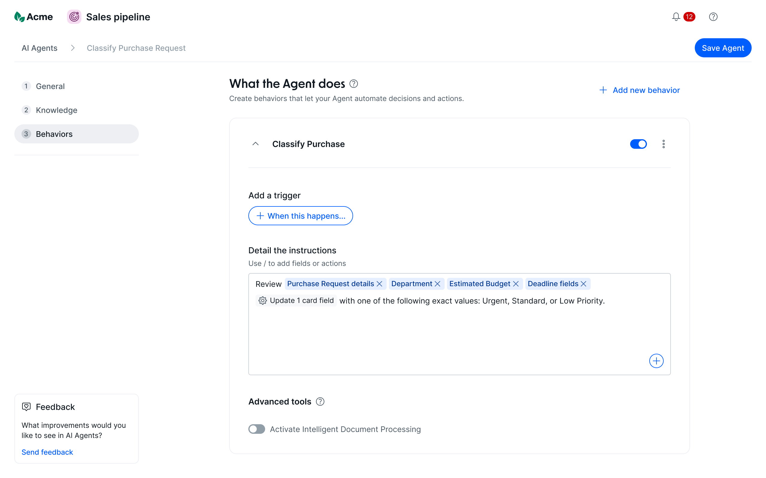 AI Agent Suggestions — agent behavior configuration after selecting a template