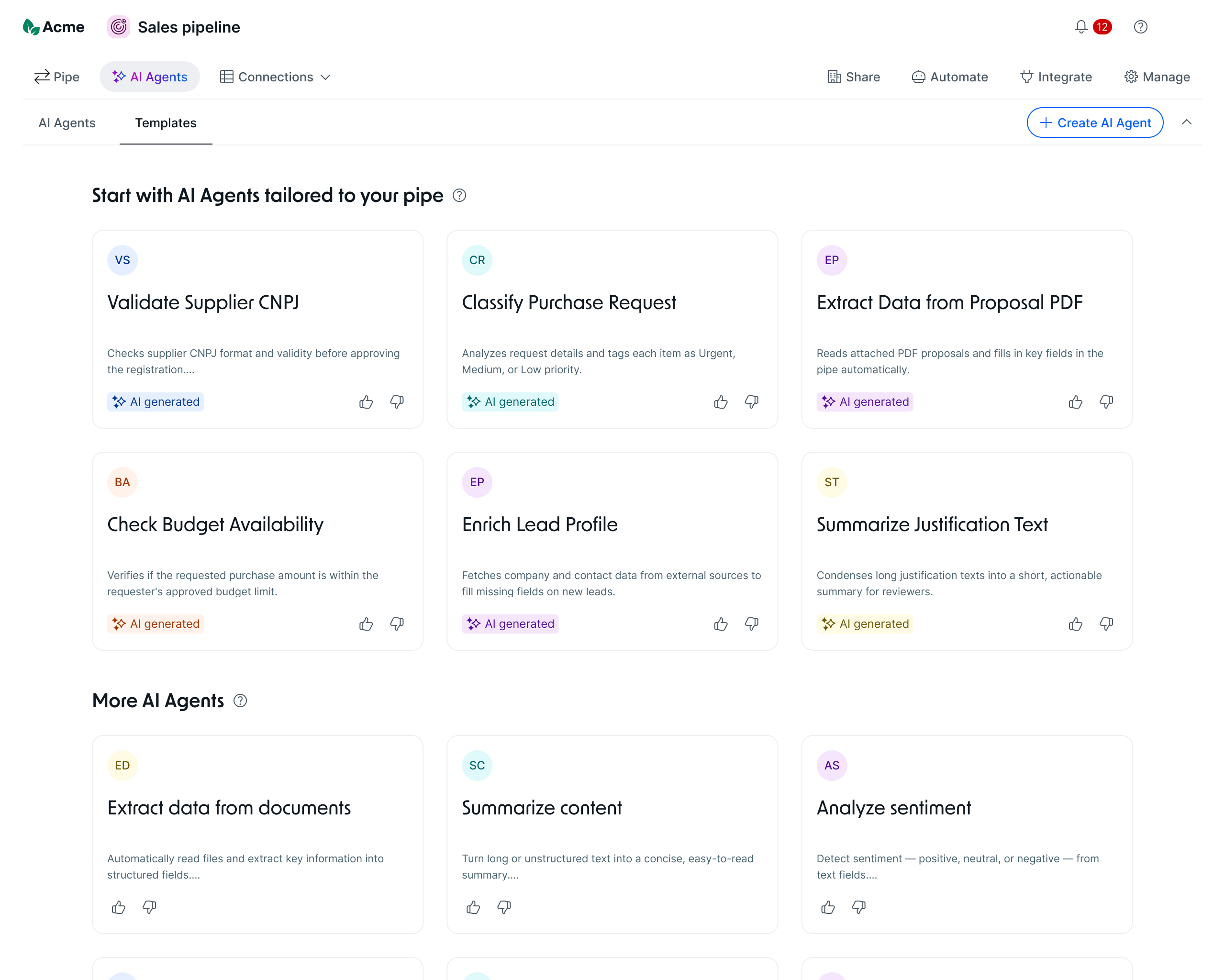 AI Agent Suggestions — gallery of AI-generated agent templates tailored to the user's pipe
