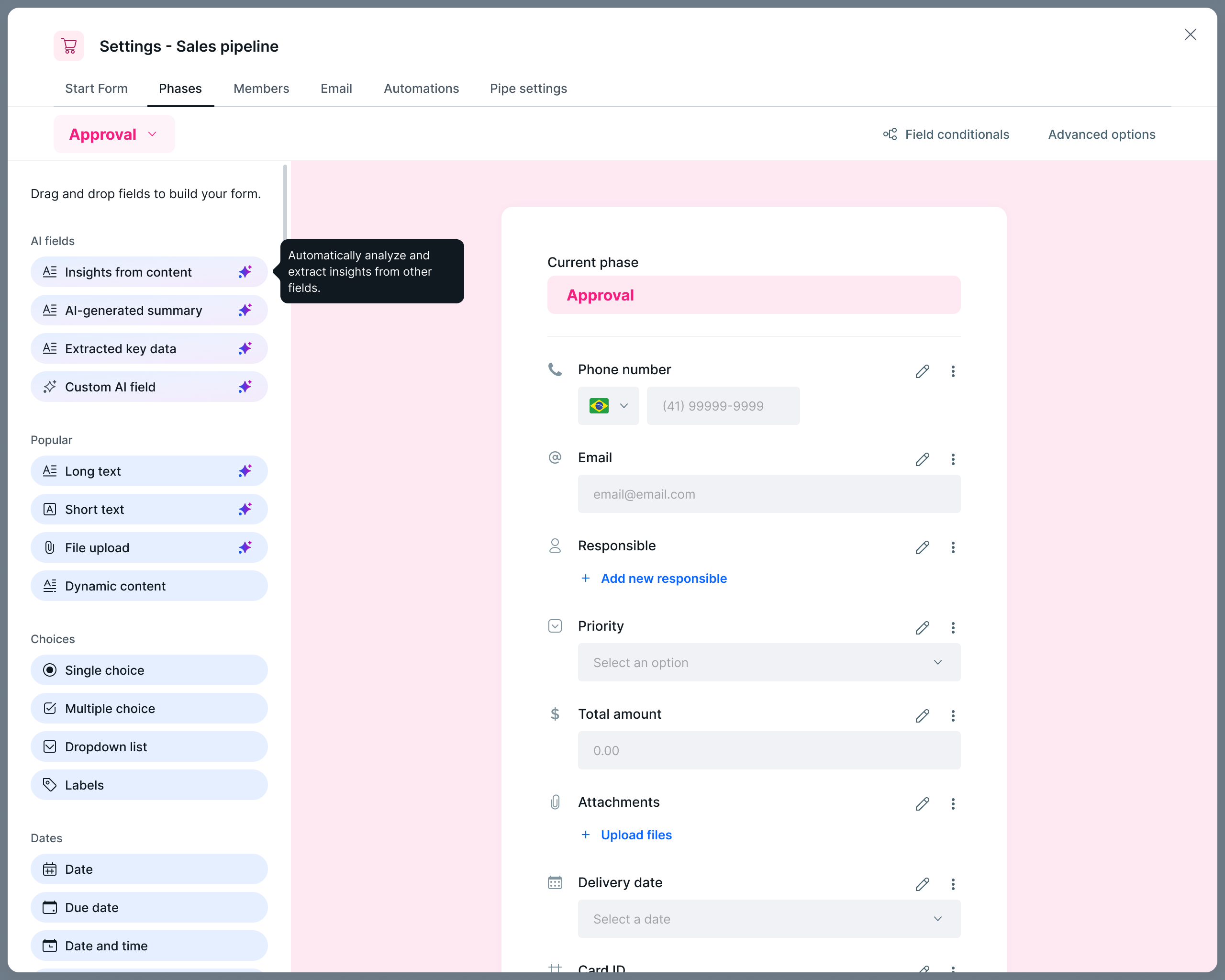 AI Fields — field picker showing the four AI-powered field types: Insights from content, AI-generated summary, Extracted key data, and Custom AI field