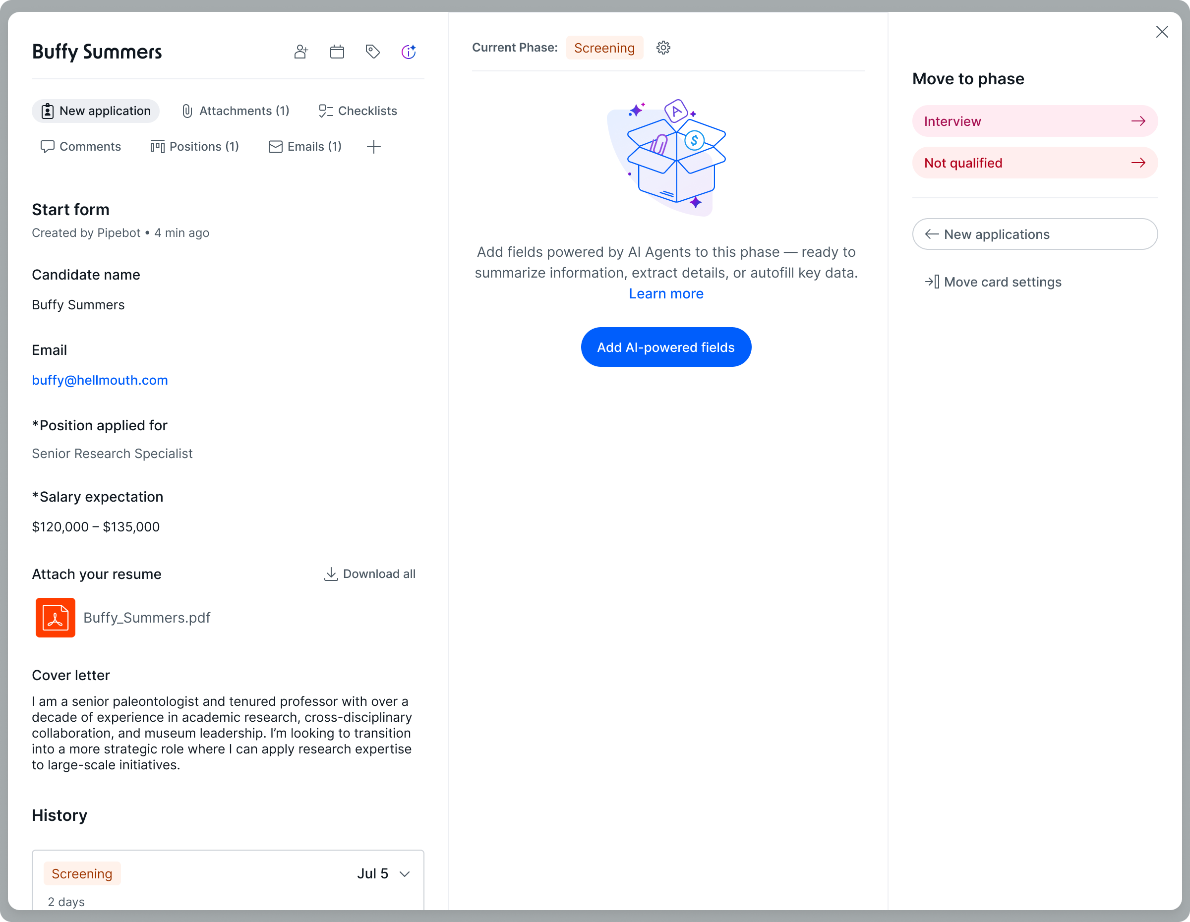 In-product AI Awareness — empty state inside the card prompting users to add AI-powered fields to the phase