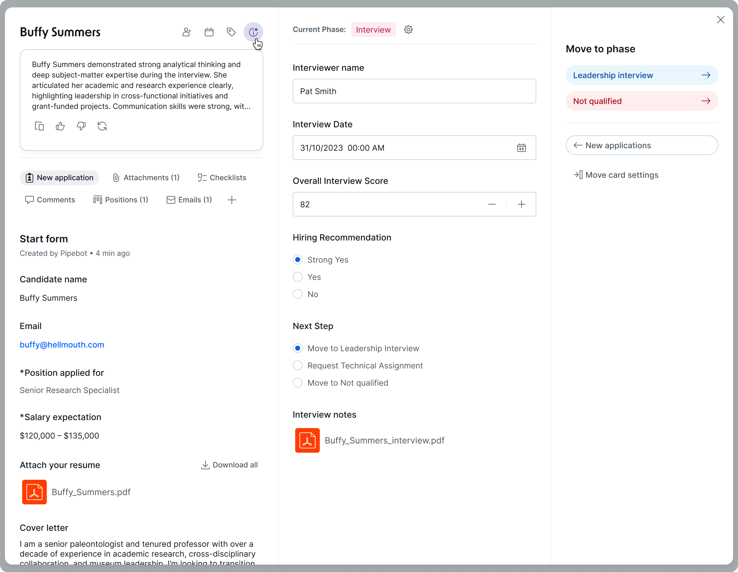 Card Summary — AI-generated candidate profile summary at the top of the card, alongside AI fields showing structured insights and recommended actions