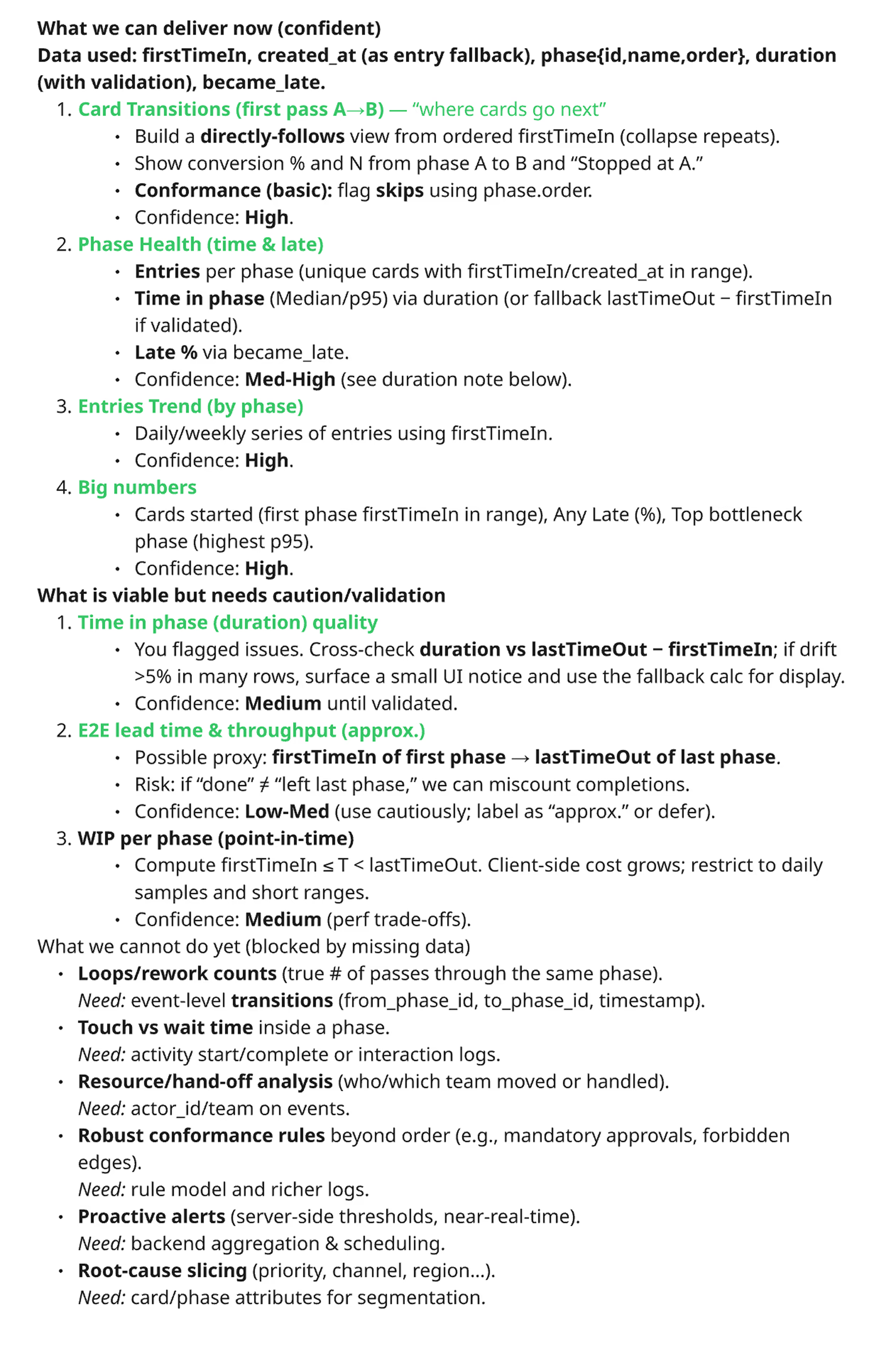 Technical specification co-created with Engineering — mapping available data to design decisions with explicit confidence levels per metric